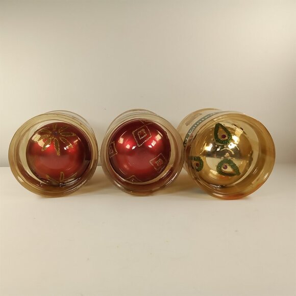 3 Christmas House Hand Painted Holiday Ball Ornaments w/ Glitter: 2 Red & 1 Gold - Picture 6 of 6